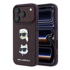 A Photo Of Karl Lagerfeld iPhone 18 Pro Max Saffiano PU Hard Burgundy with Karl & Choupette Heads Pins & Logo