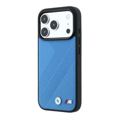 A Photo Of BMW iPhone 18 Pro/18 Pro Max MagSafe Blue PU Textured Tire Track Hard Cover with Metal Logos