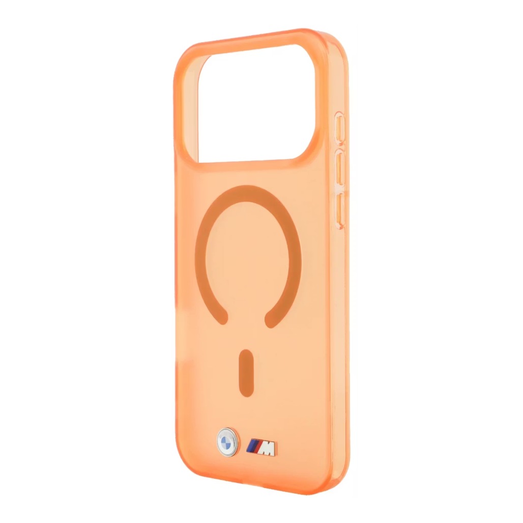 A Photo Of BMW MagSafe iPhone 18 Pro Max Orange IML Frosted Hard Cover with Metal Logos