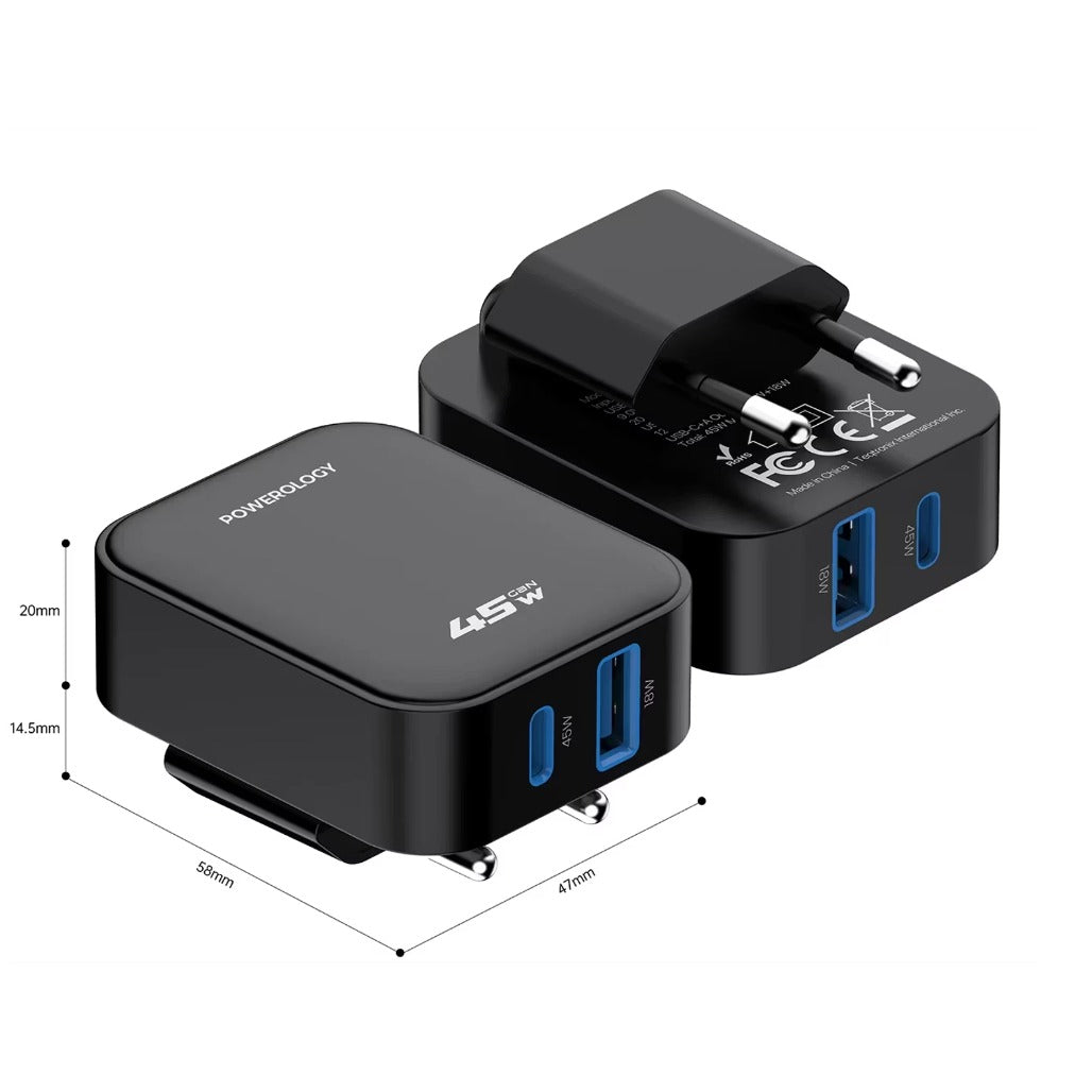 A Photo Of Powerology Charger CRAB PWCUQC066BK - Foldable EU GaN, Black