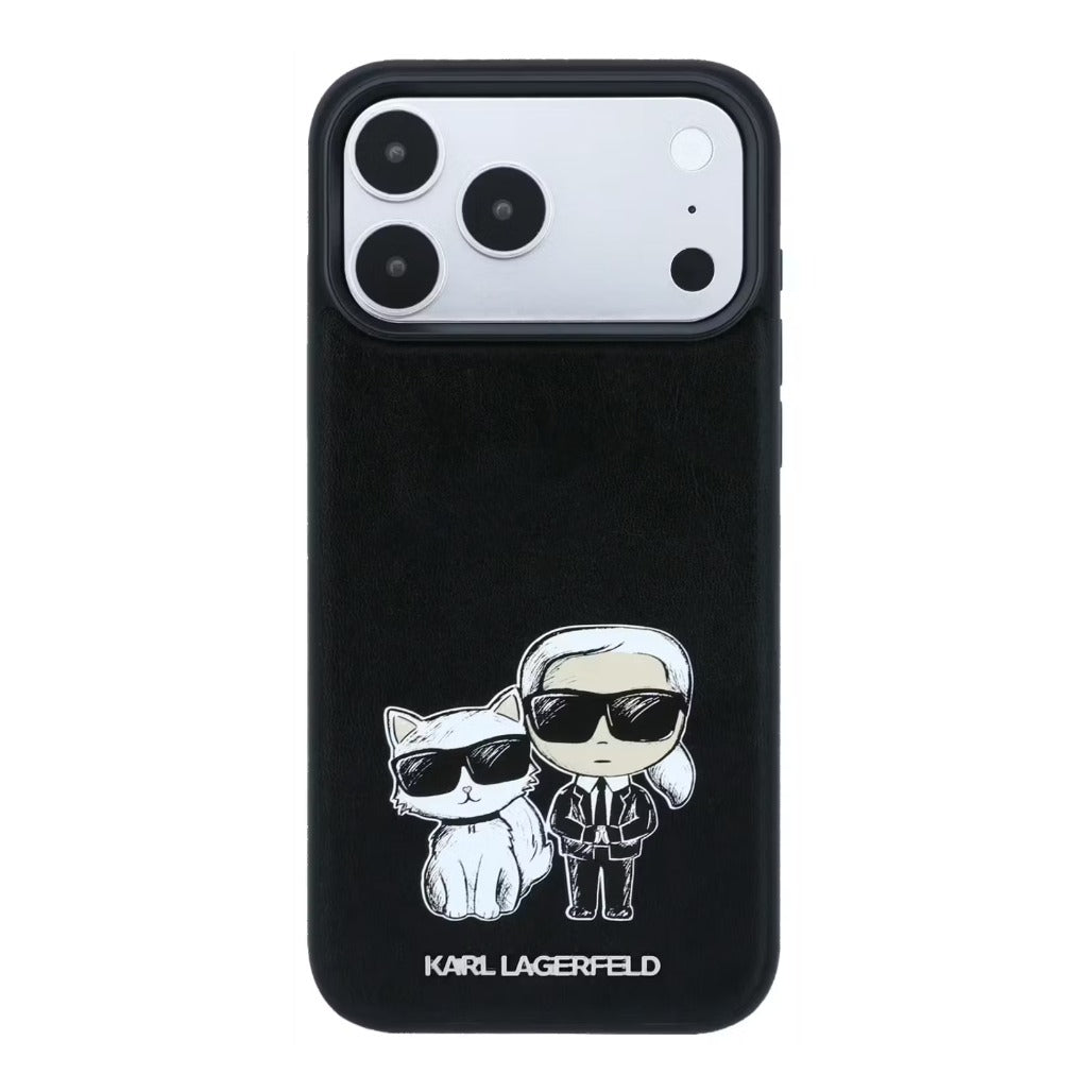 A Photo Of Karl Lagerfeld iPhone 18 Pro/18 Pro Max MagSafe Black Smooth PU Karl & Choupette Bodies Sketch Hard Cover