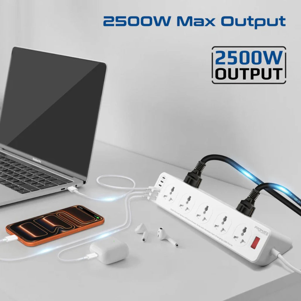 A Photo Of Promate PowerMatrix2-5M - 10AC Socket Space Efficient Power Strip with Multiple Fast Charging USB Ports
