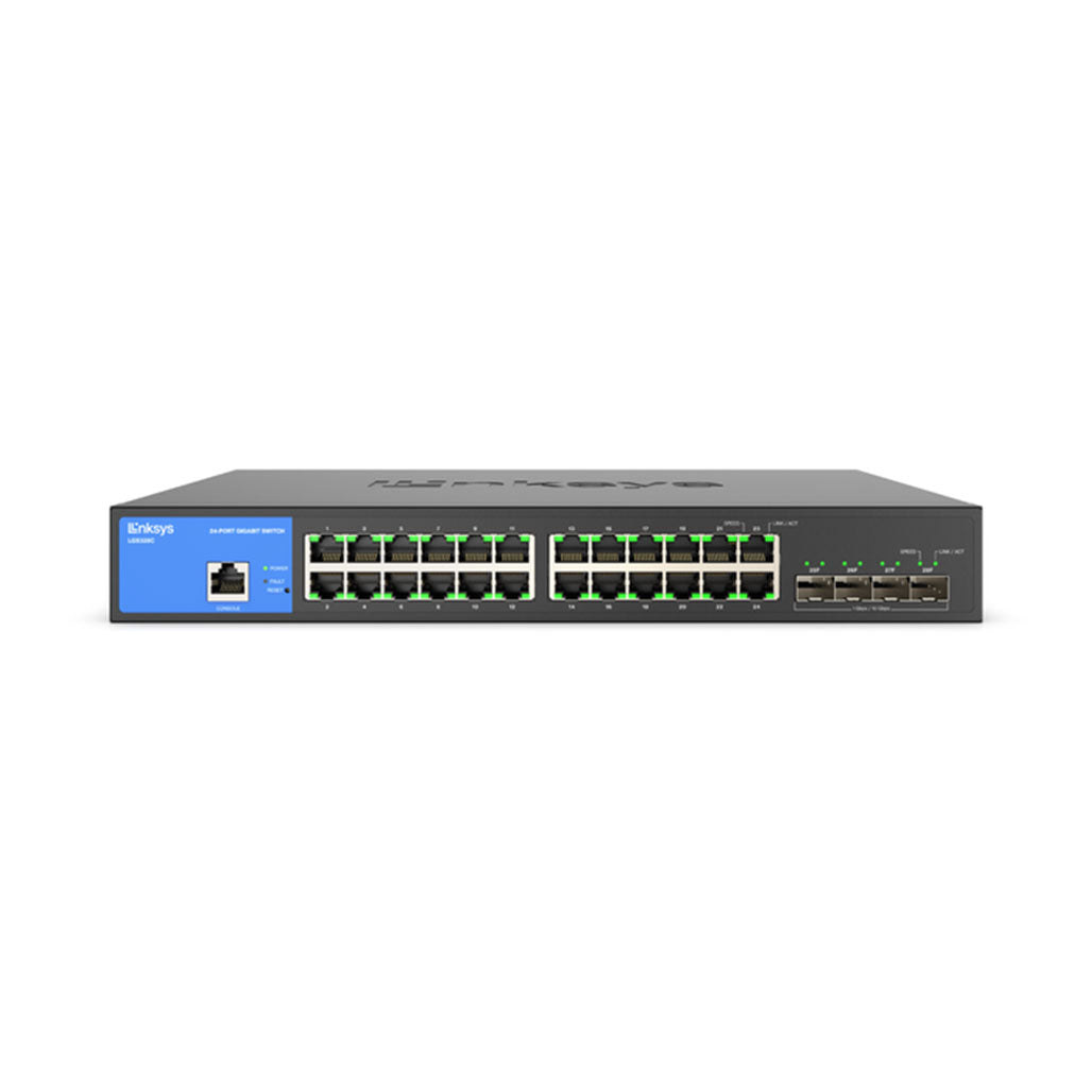 A Photo Of Linksys 24-Port Managed Gigabit Ethernet Switch with 4 10G SFP+ Uplinks LGS328C for Advanced Network Security and High-Speed Connectivity