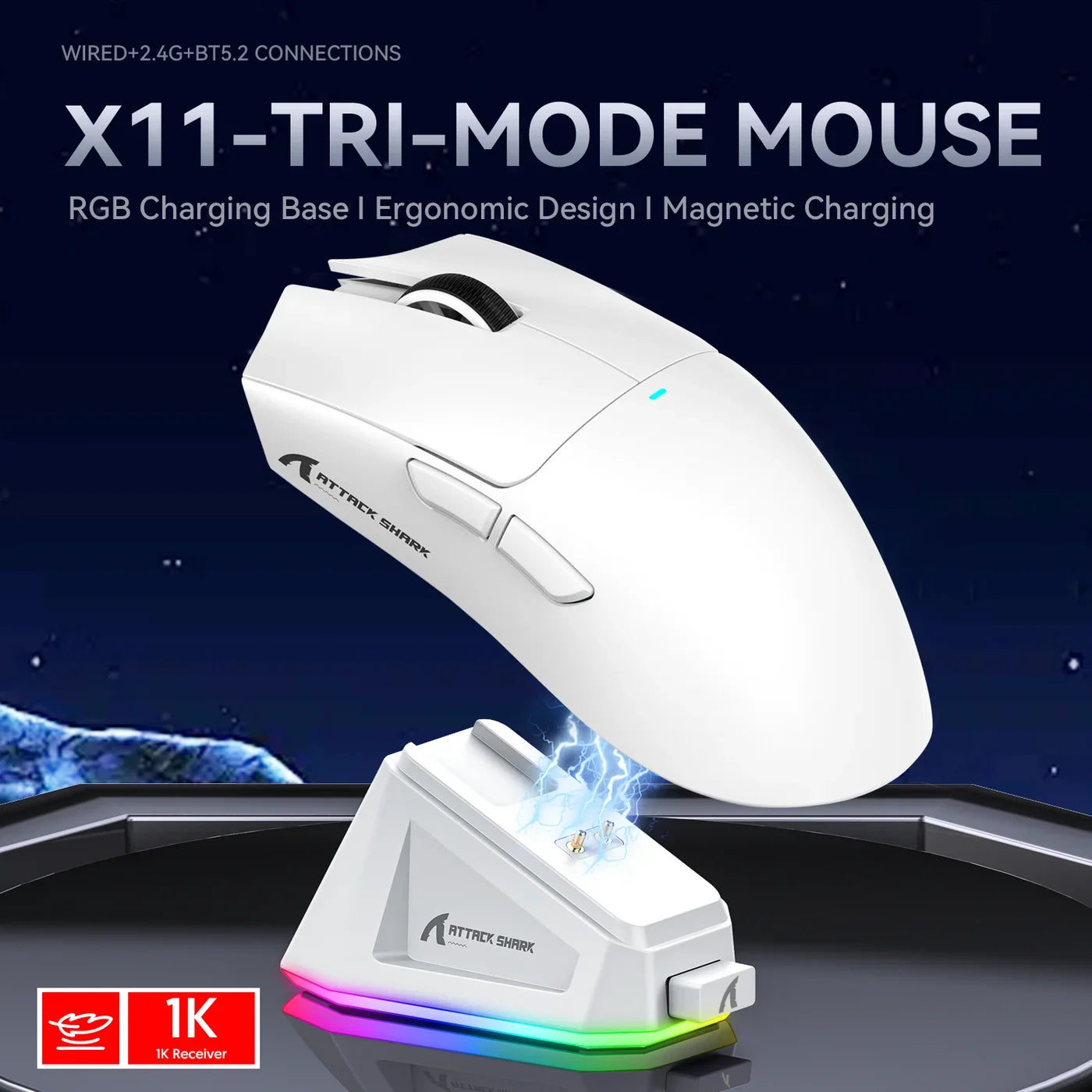 A Photo Of ATTACK SHARK X11 Wireless Gaming Mouse with RGB Magnetic Charging Dock