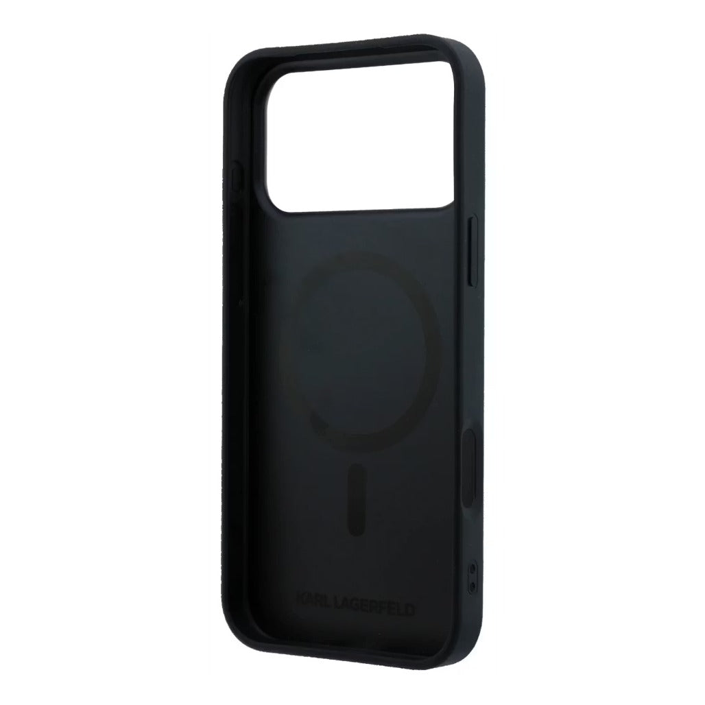 A Photo Of Karl Lagerfeld iPhone 18 Pro/18 Pro Max MagSafe Black Smooth PU Karl & Choupette Bodies Sketch Hard Cover