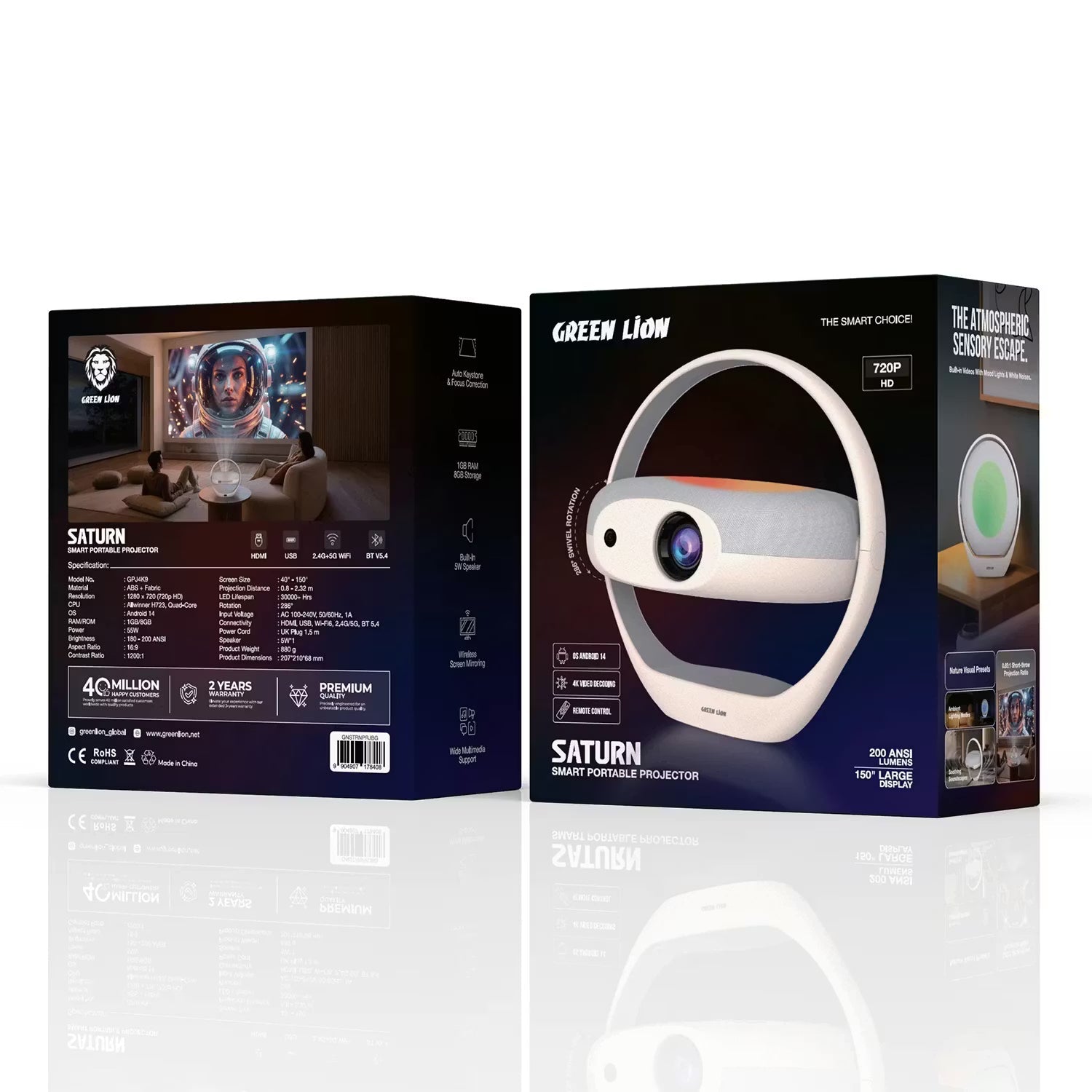 A Photo Of Green Lion Saturn Smart Portable Projector, 200 ANSI Lumens, Android 14, Auto Keystone & Focus Correction - GNSTRNPRJBG