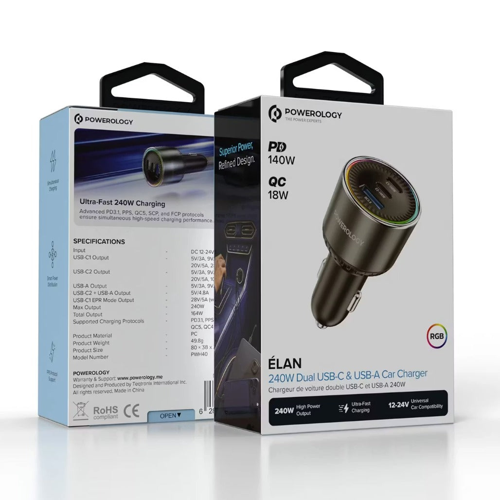 A Photo Of Powerology ÉLAN 240W Dual USB-C & USB-A Car Charger, PPS Support, RGB Light, Smart Power Distribution - Gray
