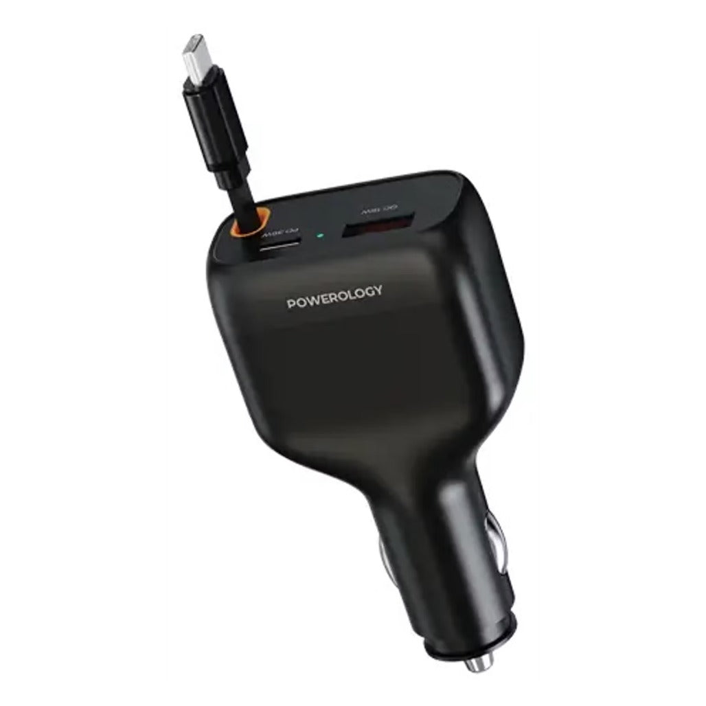 A Photo Of Powerology Car Charger Cyber PCCSR027BK - 81W USB-C Retractable, Black