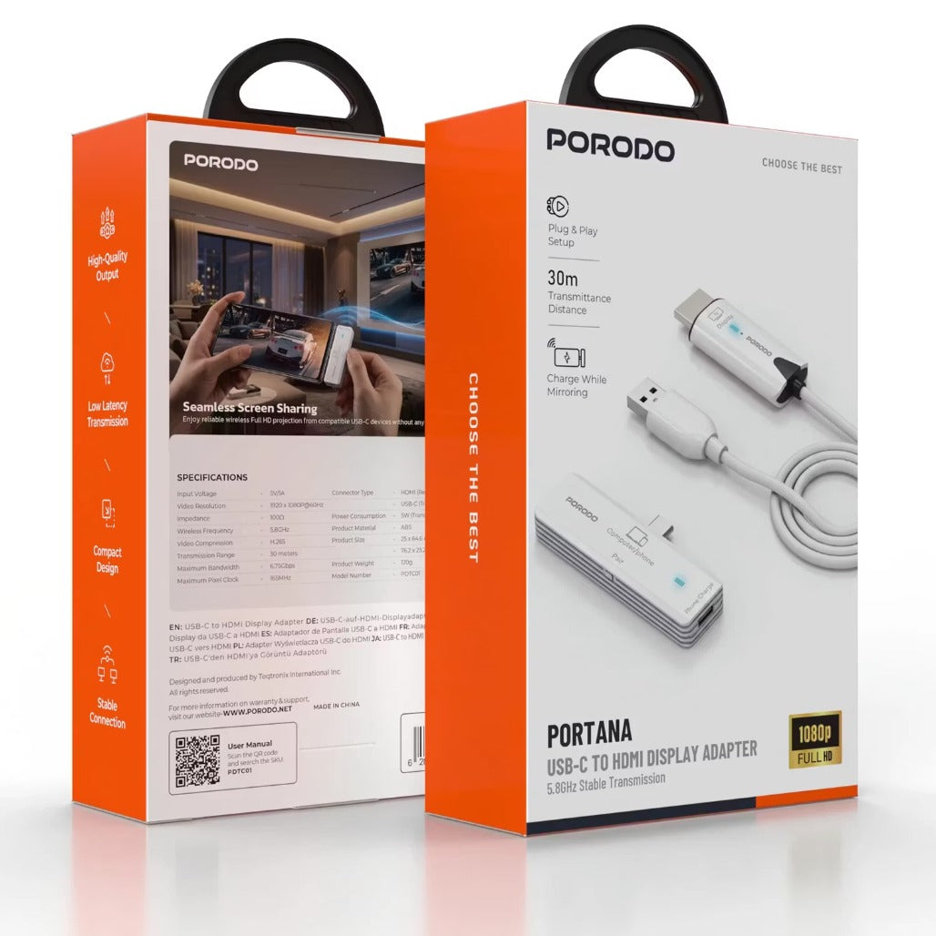 A Photo Of Porodo PORTANA USB-C to HDMI Display Adapter, 1080p Full HD, Plug & Play - White
