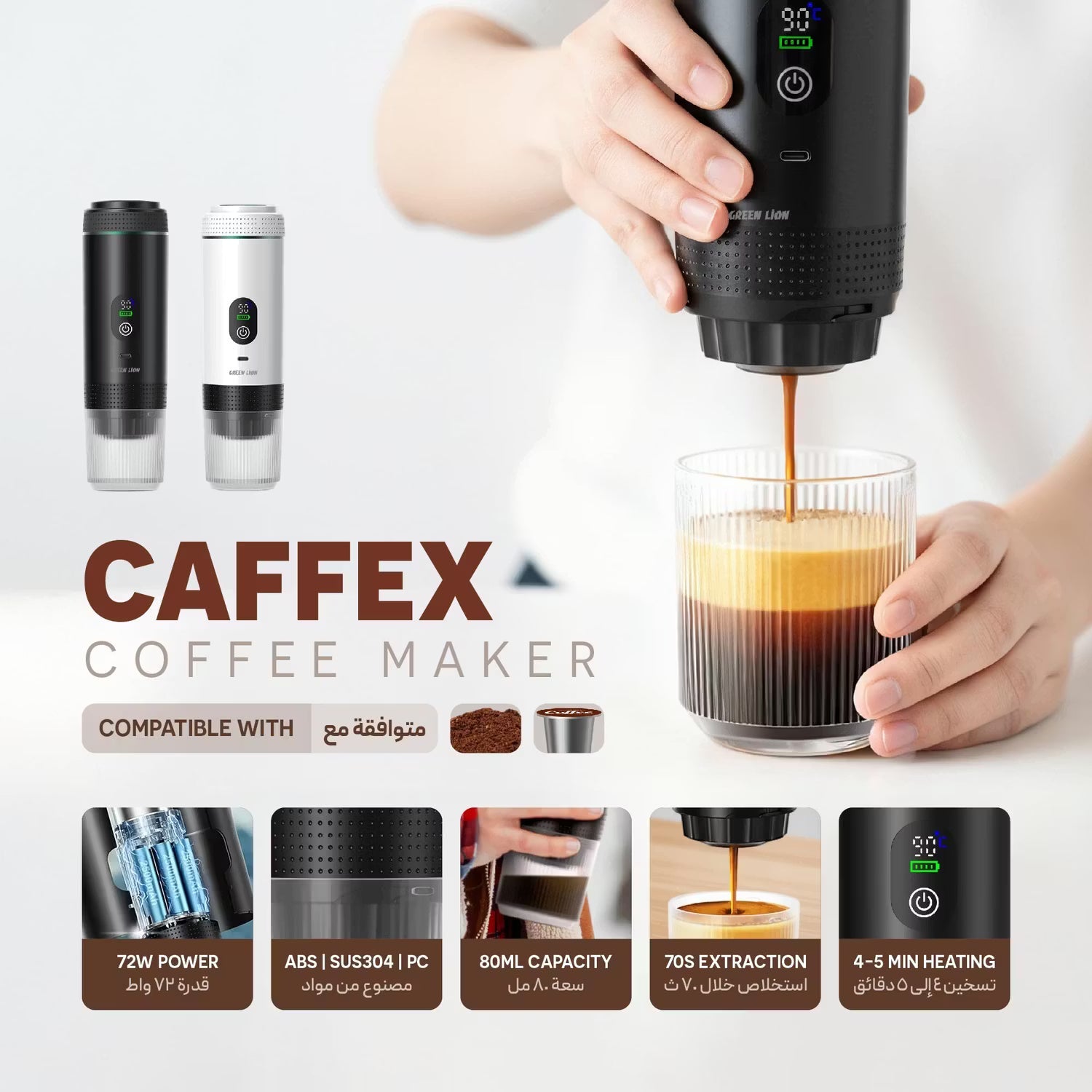 A Photo Of Green Lion Coffee Maker GNCFCFGL05WH - 20 Bar Pump, White