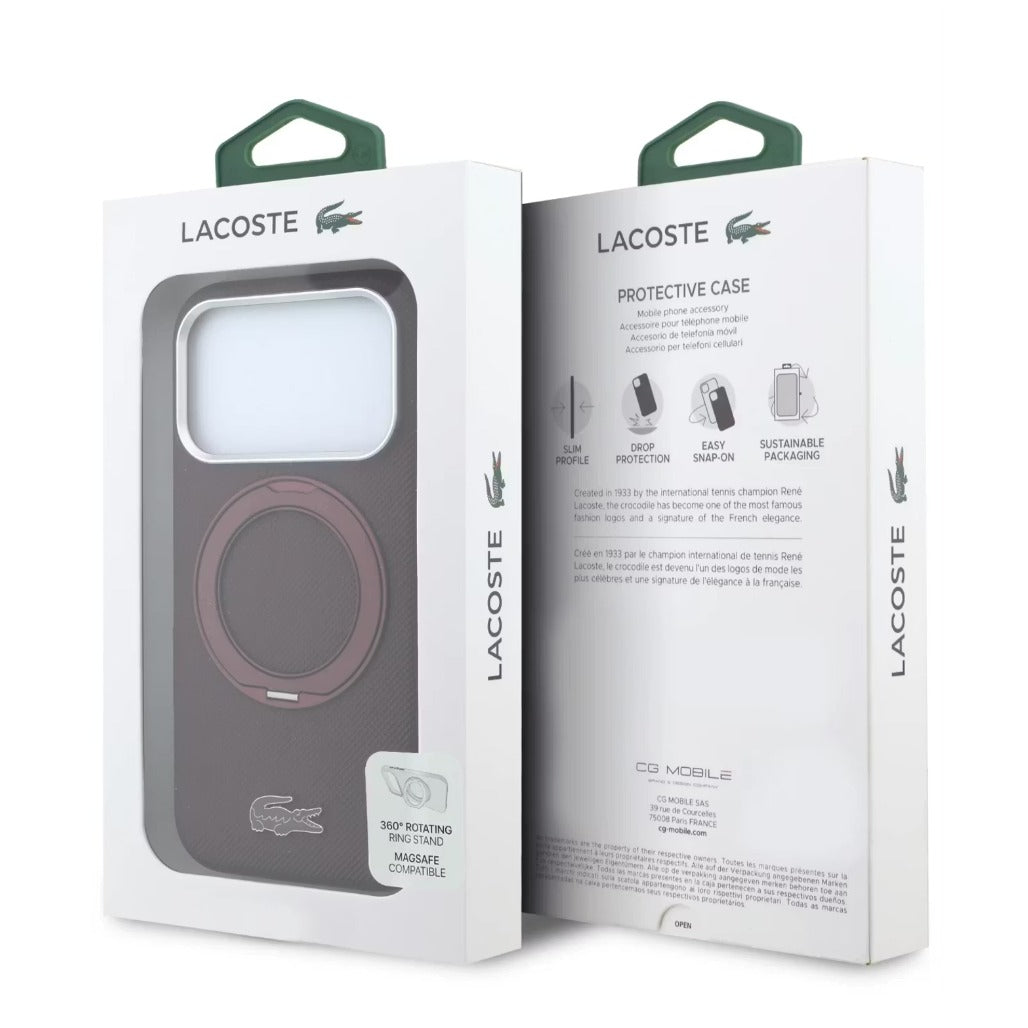A Photo Of Lacoste iPhone 18 Pro/18 Pro Max Burgundy MagSafe Case with Iconic Petit Pique Hard Case & 360° Rotating Ring Stand