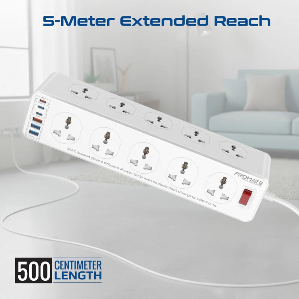 A Photo Of Promate PowerMatrix2-5M - 10AC Socket Space Efficient Power Strip with Multiple Fast Charging USB Ports