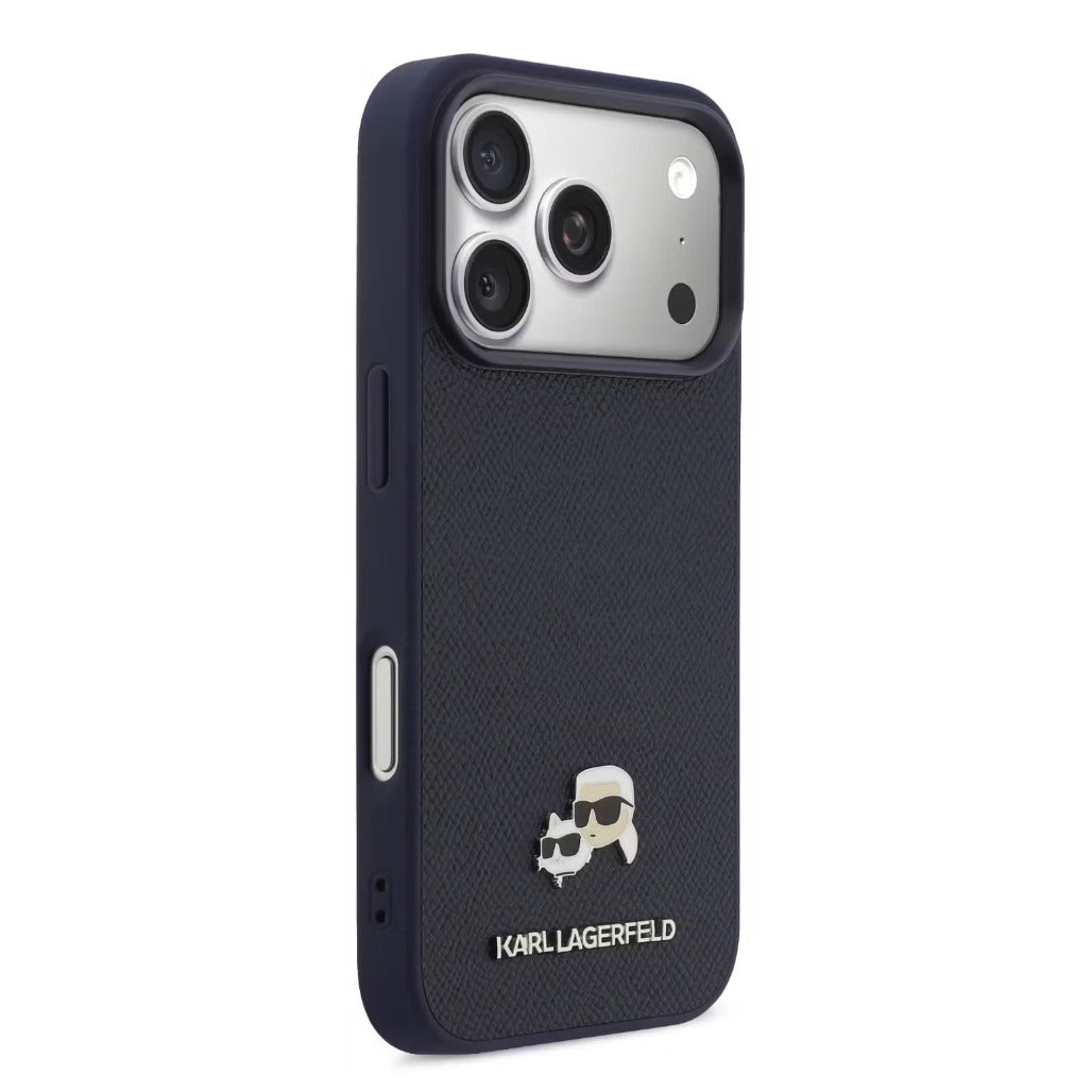 A Photo Of Karl Lagerfeld iPhone 18 Pro Max MagSafe Dark Blue Grained PU Hard Cover with Karl & Choupette Heads