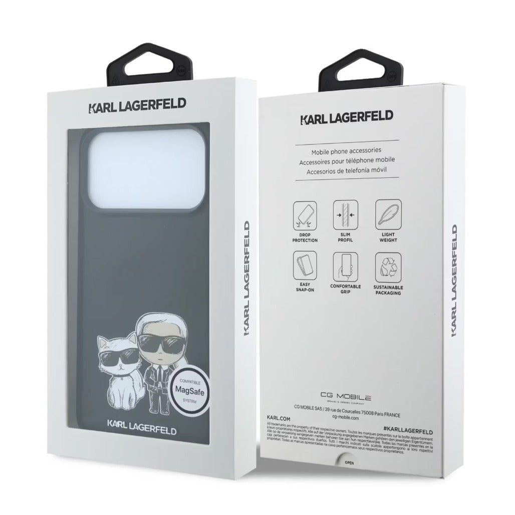 A Photo Of Karl Lagerfeld iPhone 18 Pro/18 Pro Max MagSafe Black Smooth PU Karl & Choupette Bodies Sketch Hard Cover