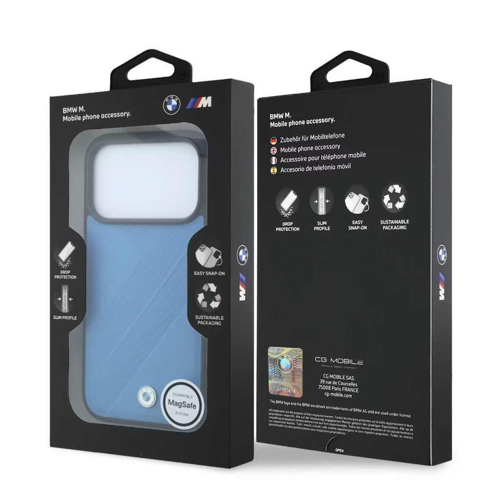 A Photo Of BMW iPhone 18 Pro/18 Pro Max MagSafe Blue PU Textured Tire Track Hard Cover with Metal Logos