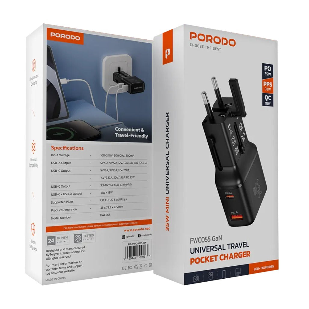 A Photo Of Porodo Universal Travel Pocket Charger PD-FWCH055-BK - Black