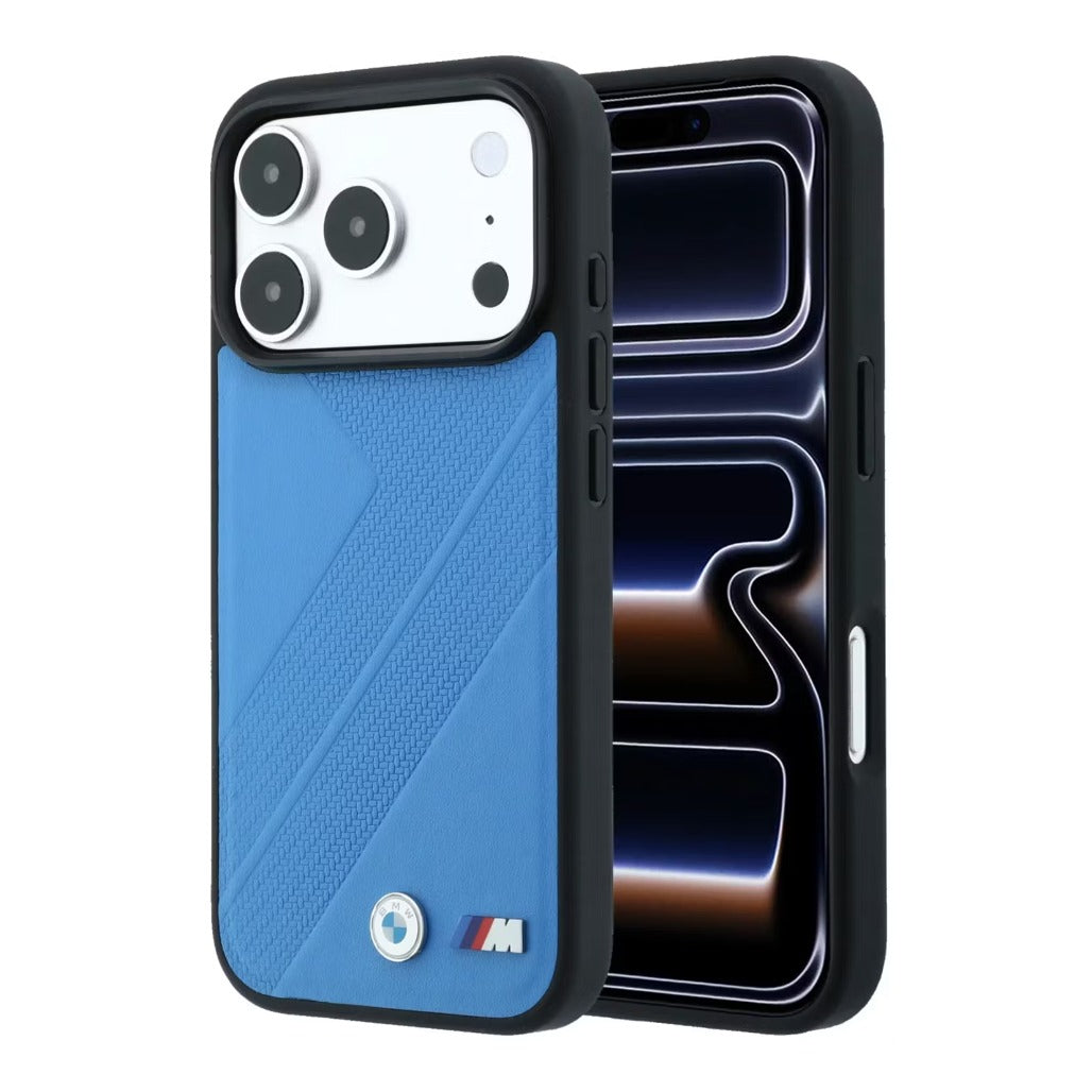 A Photo Of BMW iPhone 18 Pro/18 Pro Max MagSafe Blue PU Textured Tire Track Hard Cover with Metal Logos