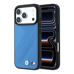 A Photo Of BMW iPhone 18 Pro/18 Pro Max MagSafe Blue PU Textured Tire Track Hard Cover with Metal Logos