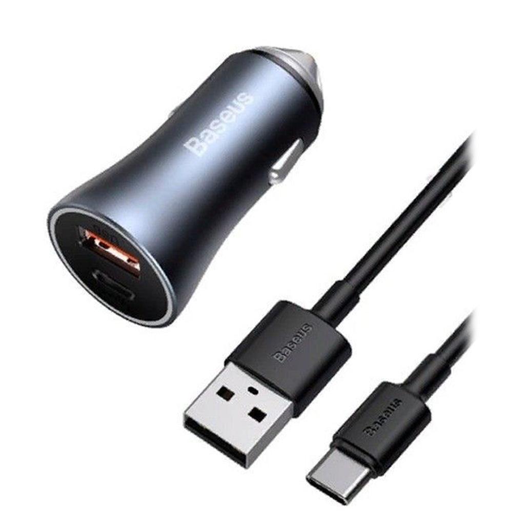 A Photo Of Baseus Golden Contactor Pro Dual Quick Car Charger U+C 40W (with Simple Wisdom Cable C to iP 1M)
