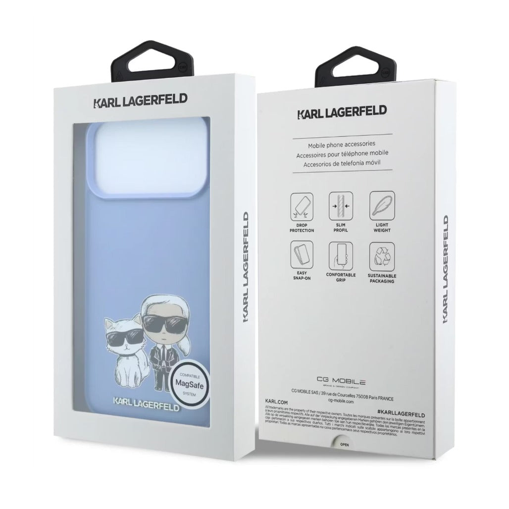 A Photo Of Karl Lagerfeld iPhone 18 Pro/18 Pro Max MagSafe Blue Smooth PU Karl & Choupette Bodies Sketch Hard Cover