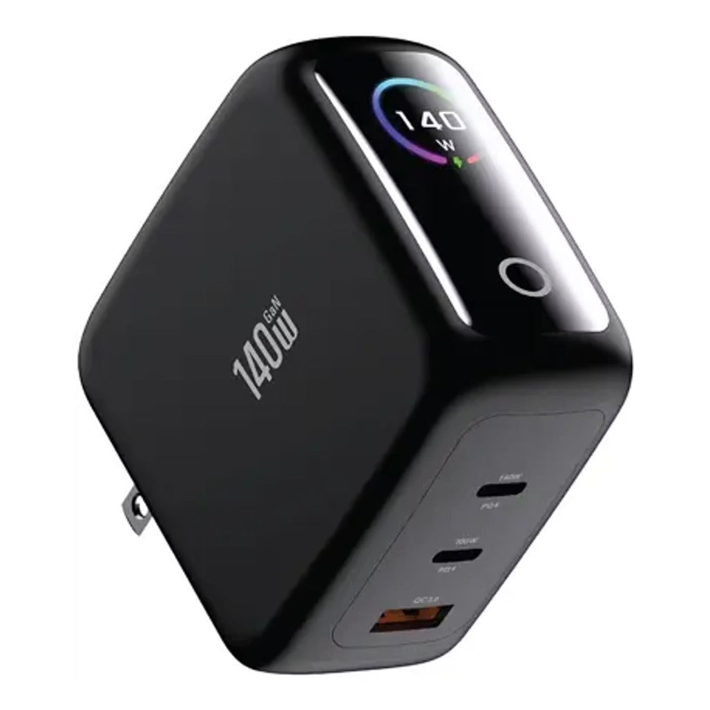 A Photo Of Green Lion GaNPremium Adapter GNGP140WCBK - TFT Display, 2 USB-C & USB-A, Black