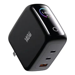 A Photo Of Green Lion GaNPremium Adapter GNGP140WCBK - TFT Display, 2 USB-C & USB-A, Black