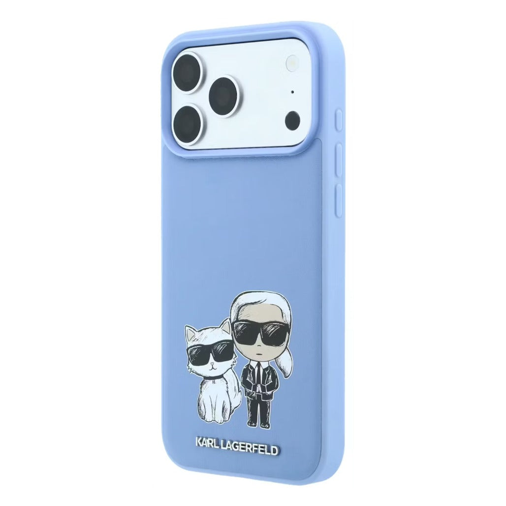 A Photo Of Karl Lagerfeld iPhone 18 Pro/18 Pro Max MagSafe Blue Smooth PU Karl & Choupette Bodies Sketch Hard Cover
