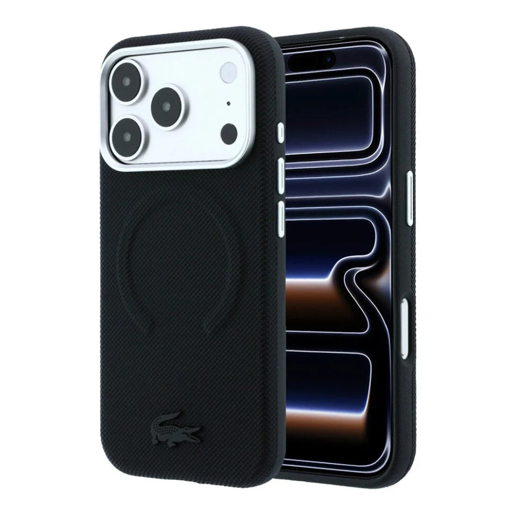 A Photo Of Lacoste MagSafe Black PU Leather Hard Case for iPhone 18 Pro/18 Pro Max with Petit Pique Embossed