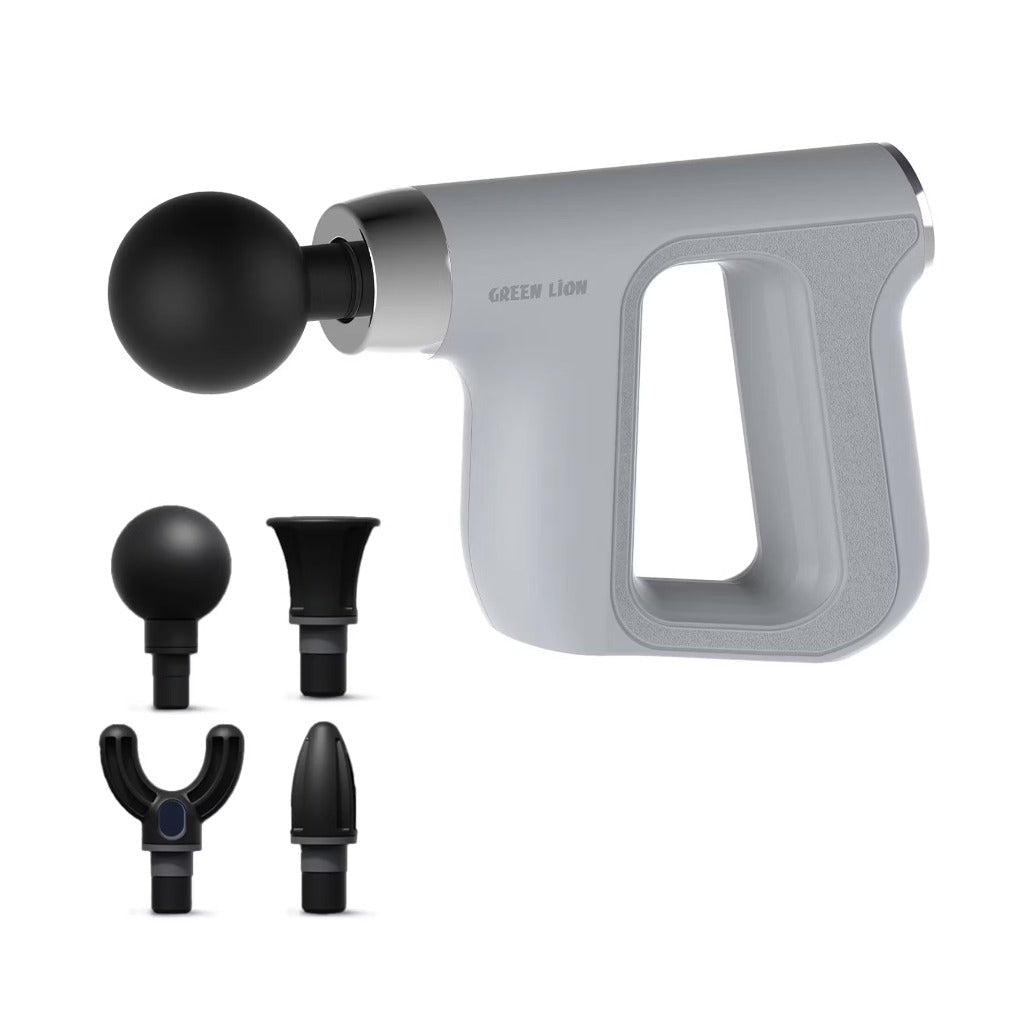 A Photo Of Green Lion Impact Fascial Gun Massager, 4×Massger Heads, 5×Speed Levels, 2 Hour Working Time, Ideal for Stress Relief - Gray