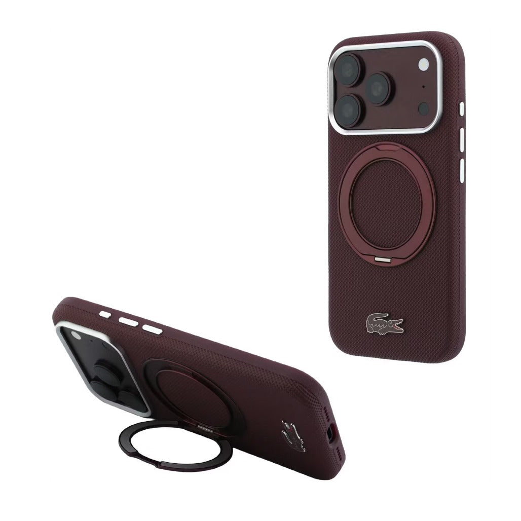 A Photo Of Lacoste iPhone 18 Pro/18 Pro Max Burgundy MagSafe Case with Iconic Petit Pique Hard Case & 360° Rotating Ring Stand
