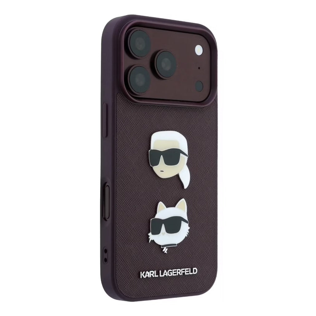 A Photo Of Karl Lagerfeld iPhone 18 Pro Max Saffiano PU Hard Burgundy with Karl & Choupette Heads Pins & Logo