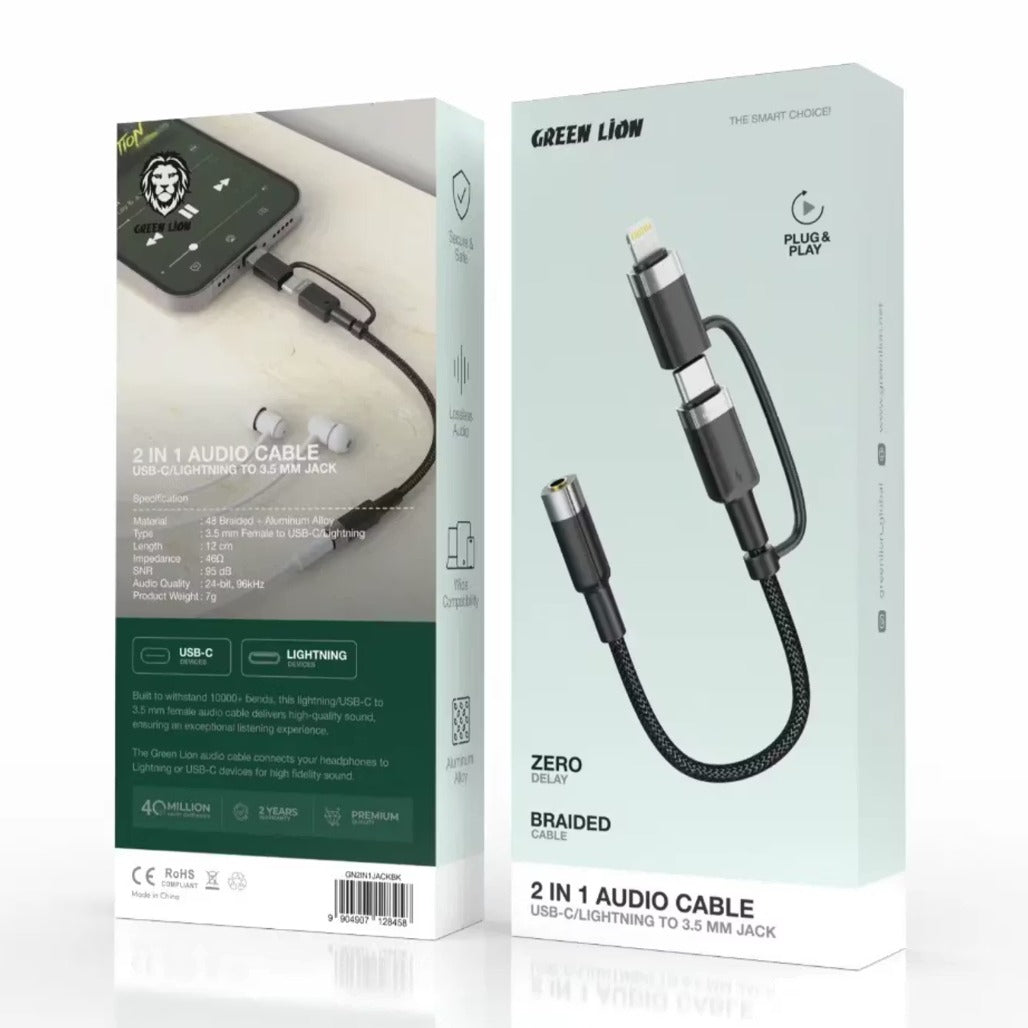 A Photo Of Green Lion Audio Cable GN2IN1JACKBK - 2-in-1 USB-C & Lightning to 3.5mm, 12cm