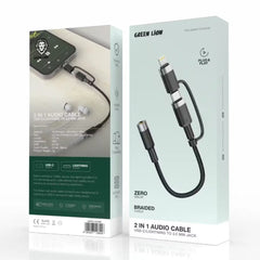A Photo Of Green Lion Audio Cable GN2IN1JACKBK - 2-in-1 USB-C & Lightning to 3.5mm, 12cm