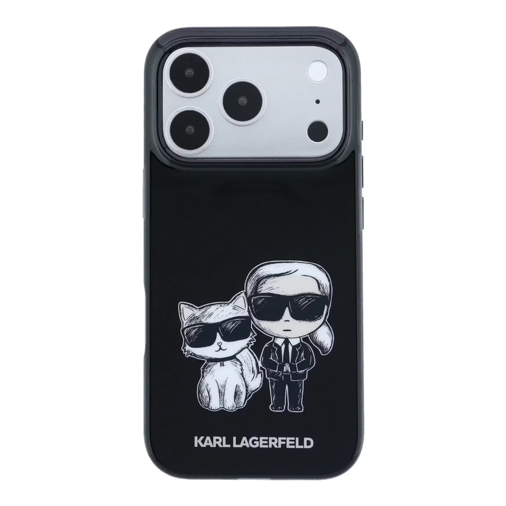 A Photo Of Karl Lagerfeld MagSafe iPhone 18 Pro Black IML Karl & Choupette Sketch Case