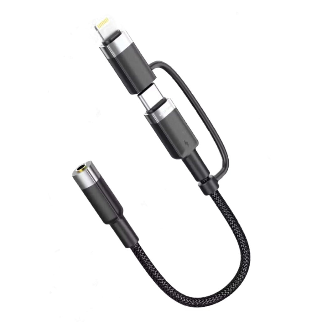 A Photo Of Green Lion Audio Cable GN2IN1JACKBK - 2-in-1 USB-C & Lightning to 3.5mm, 12cm