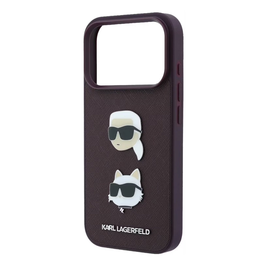 A Photo Of Karl Lagerfeld iPhone 18 Pro Max Saffiano PU Hard Burgundy with Karl & Choupette Heads Pins & Logo