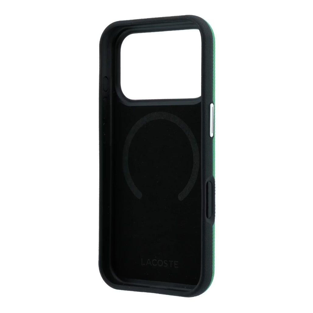 A Photo Of Lacoste MagSafe Green PU Leather Hard Case for iPhone 18 Pro/18 Pro Max with Petit Pique Embossed
