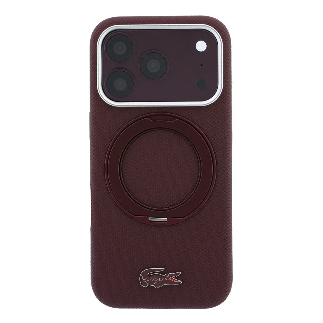 A Photo Of Lacoste iPhone 18 Pro/18 Pro Max Burgundy MagSafe Case with Iconic Petit Pique Hard Case & 360° Rotating Ring Stand