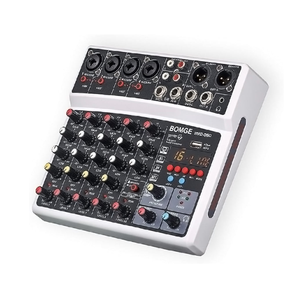 A Photo Of BOMGE 6-Channel Audio Mixer - Professional Digital DJ Mixer with MP3 Module, Bluetooth, and USB Sound Card