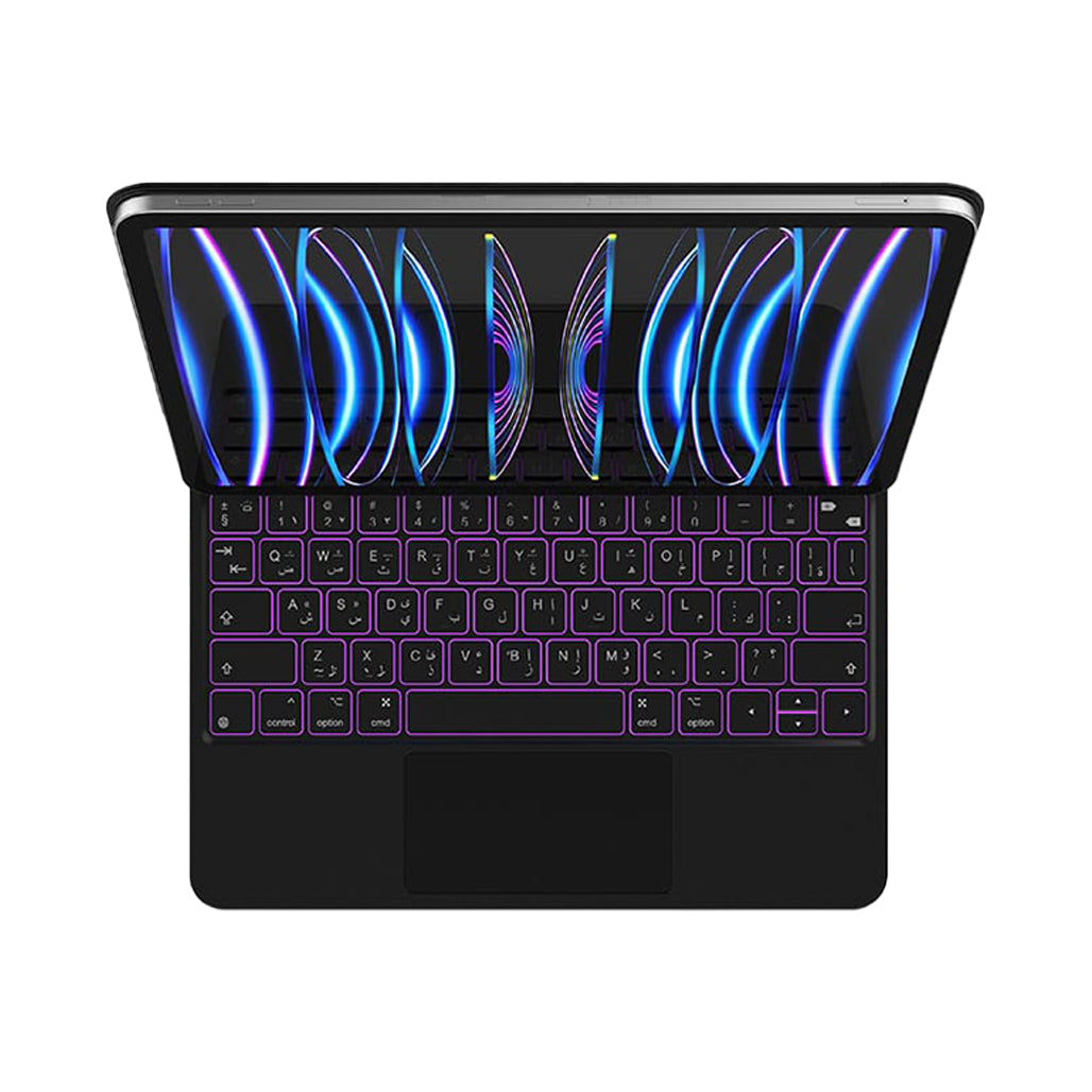 A Photo Of Blupebble Magic Folio Keyboard Case with Trackpad for iPad Air/Pro 10.9″ / 11″ – Bilingual English & Arabic, Bluetooth, USB-C Charging