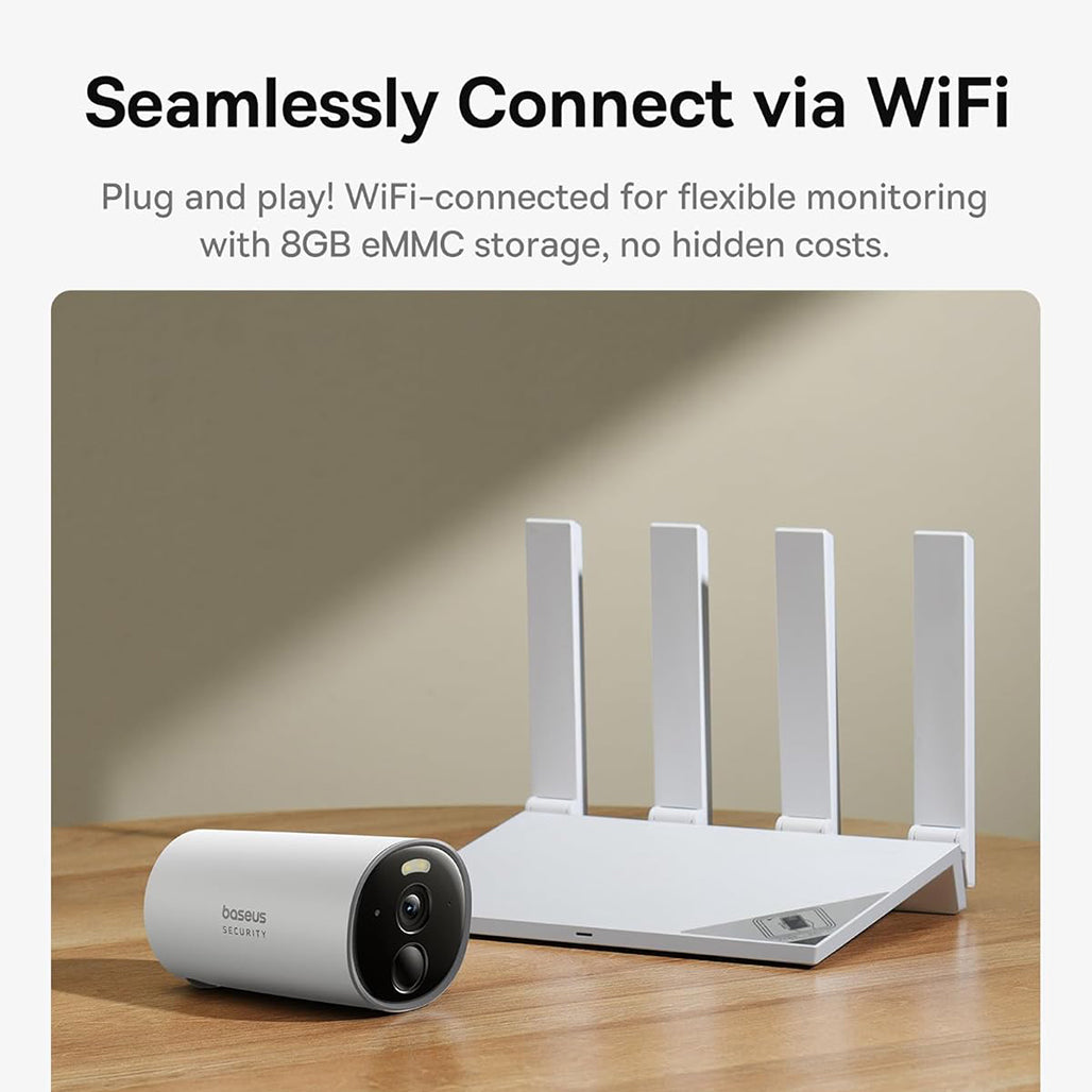 A Photo Of Baseus B1 Wireless Outdoor Security Camera – 2K Clarity, 145° FOV, 210-Day Battery Life, Color Night Vision, IP67, Built-in 8GB Storage