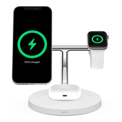 A Photo Of Belkin BoostCharge Pro 3-in-1 Wireless Charger with MagSafe 15W - Fast Charging for iPhone, Apple Watch, and AirPods | White