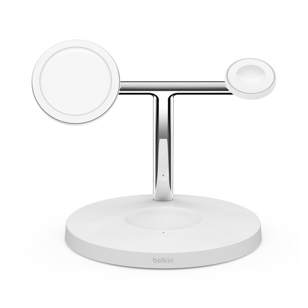 A Photo Of Belkin BoostCharge Pro 3-in-1 Wireless Charger with MagSafe 15W - Fast Charging for iPhone, Apple Watch, and AirPods | White