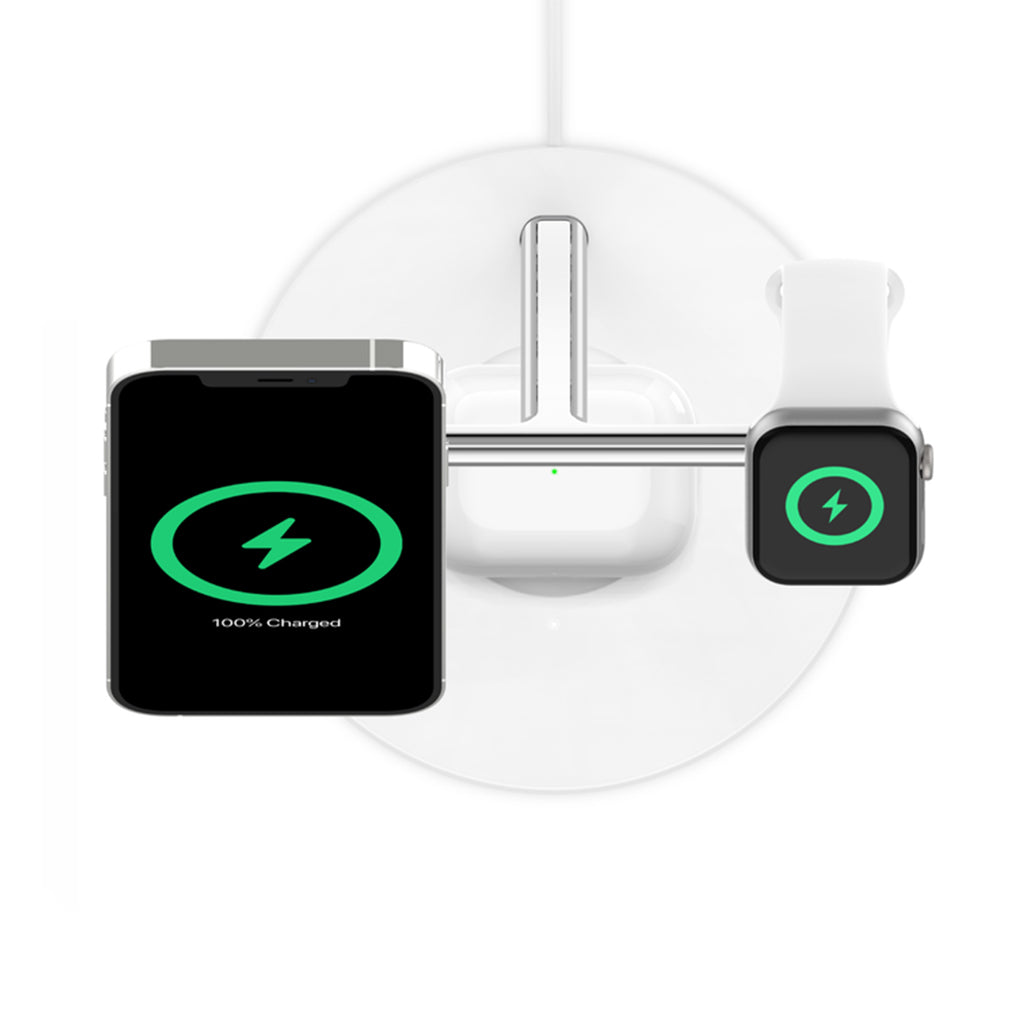 A Photo Of Belkin BoostCharge Pro 3-in-1 Wireless Charger with MagSafe 15W - Fast Charging for iPhone, Apple Watch, and AirPods | White