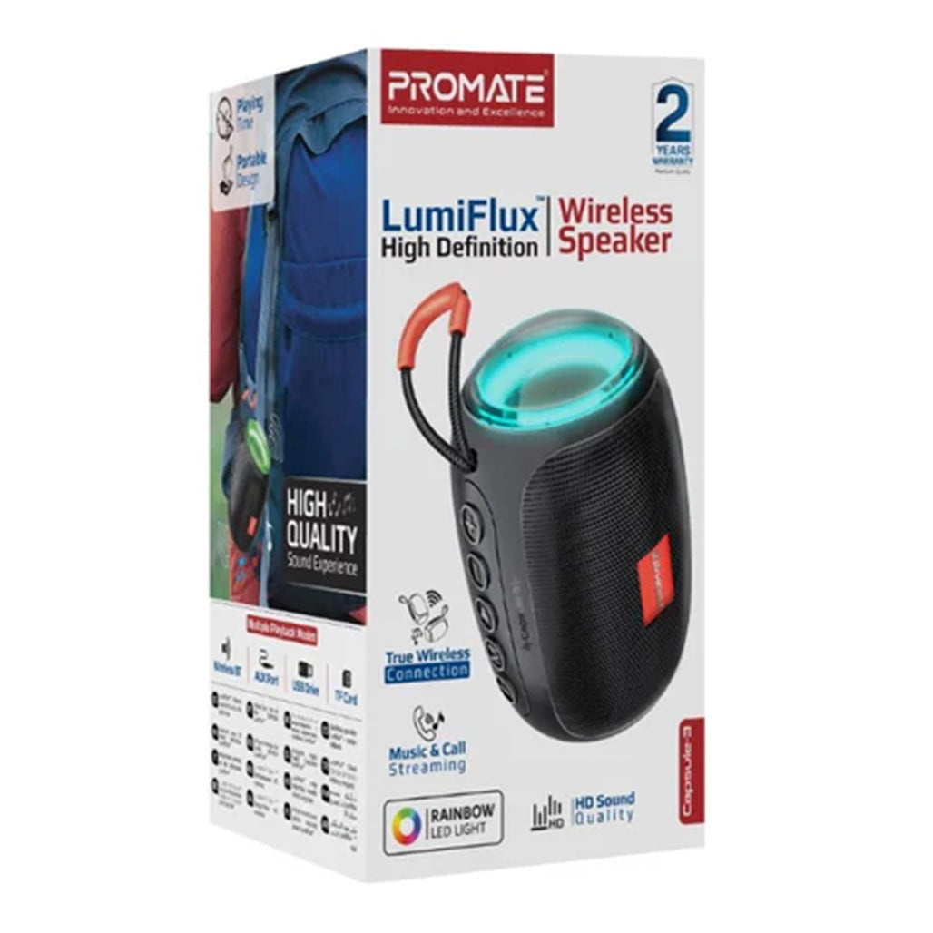 A Photo Of Promate Capsule-3 LumiFlux Wireless Speaker - Black | 5W Bluetooth Speaker with RGB Lights