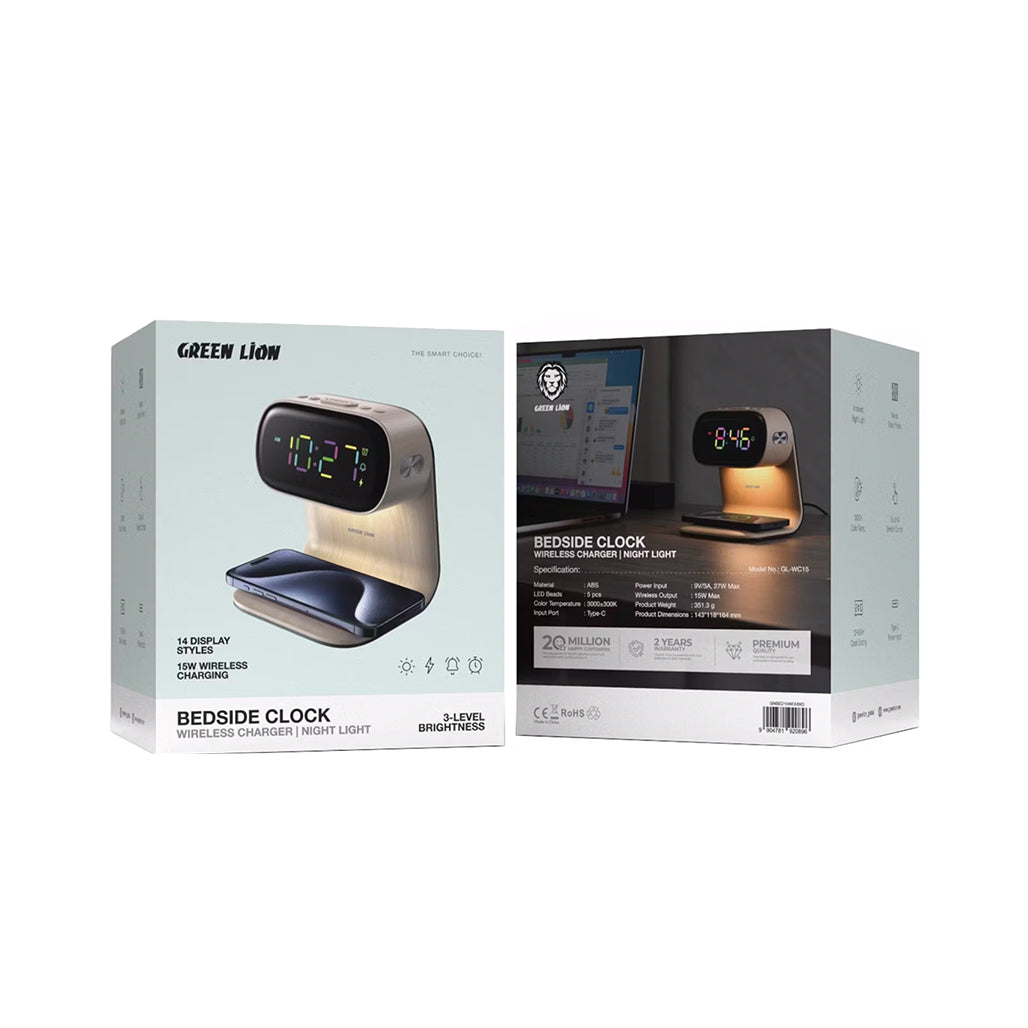 A Photo Of Green Lion Wooden Bedside Clock with 15W Fast Wireless Charging, Touch Control, Night Light & Alarm