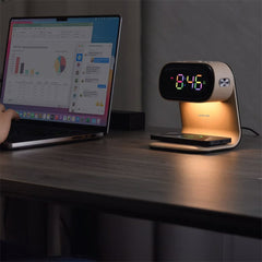 A Photo Of Green Lion Wooden Bedside Clock with 15W Fast Wireless Charging, Touch Control, Night Light & Alarm