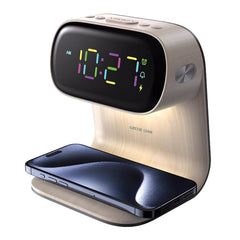 A Photo Of Green Lion Wooden Bedside Clock with 15W Fast Wireless Charging, Touch Control, Night Light & Alarm