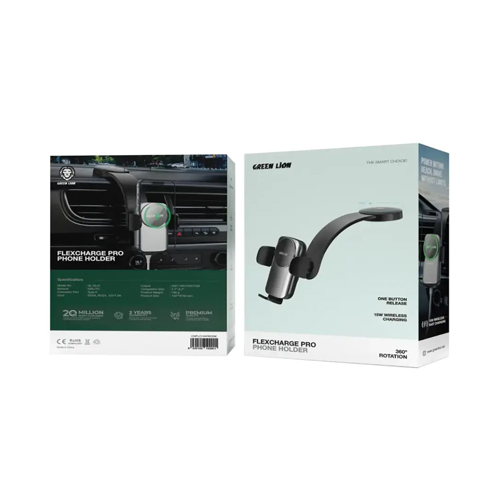 A Photo Of Green Lion Flex Charge Pro Phone Holder – Black, MagSafe Compatible, 15W Wireless Charging, 360° Rotation