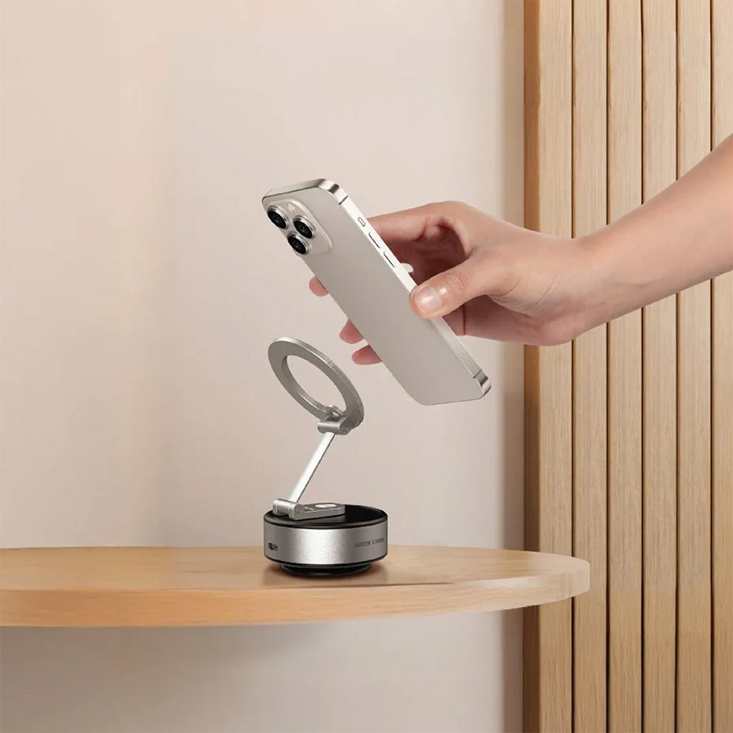 A Photo Of Green Lion Magsafe Suction Holder - Silver | Powerful Magnetic Grip & Automatic Vacuum Suction